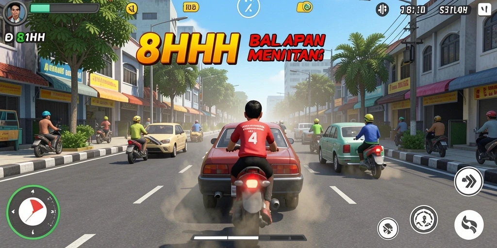 Tampilan utama gameplay seru di 8HHH dengan mobil melaju cepat.