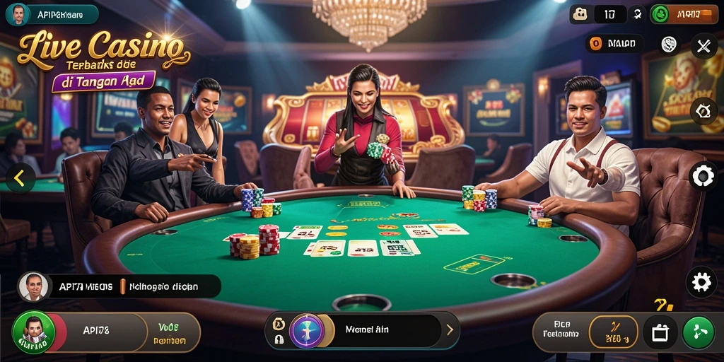 Screenshot gameplay API77 yang menunjukkan dealer dan pemain berinteraksi.