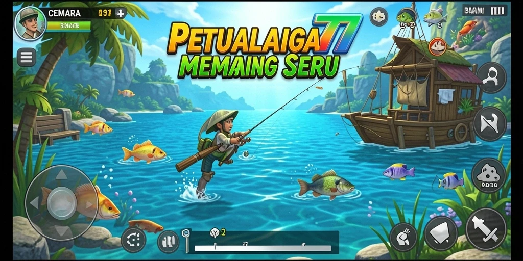 Screenshot utama CEMARA77 menampilkan gameplay memancing yang menarik.