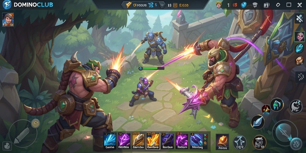 Tangkapan layar utama menunjukkan aksi intens dalam permainan MOBA.