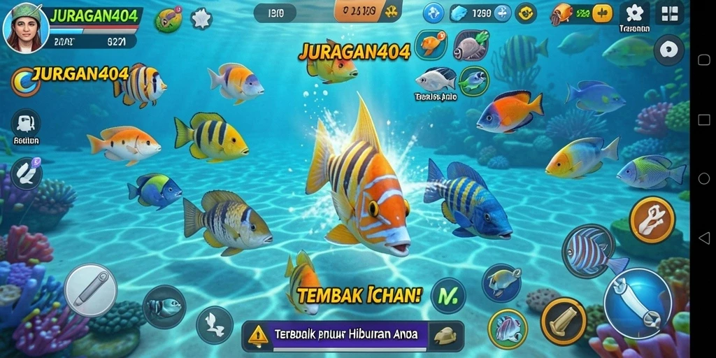 Screenshot gameplay JURAGAN404 menunjukkan aksi seru menembak ikan.