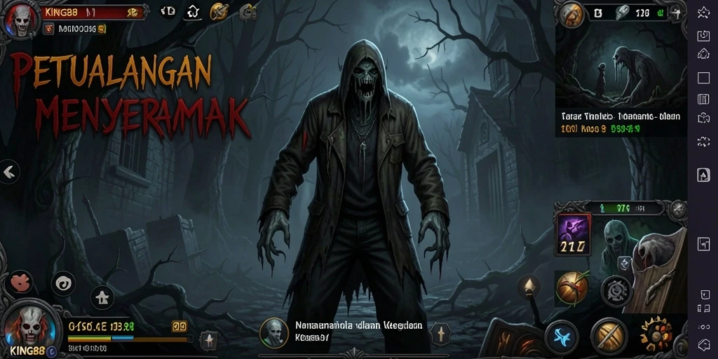 Tangkapan layar KING88 menampilkan gameplay menyeramkan dengan suasana kegelapan yang tegang.