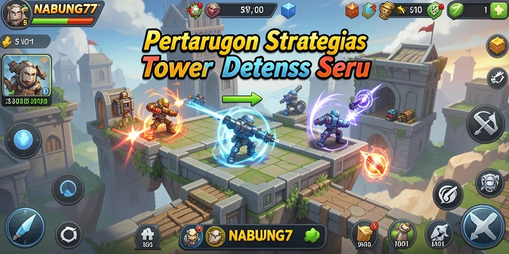 Tangkapan layar gameplay Tower Defense NABUNG77 yang penuh aksi.