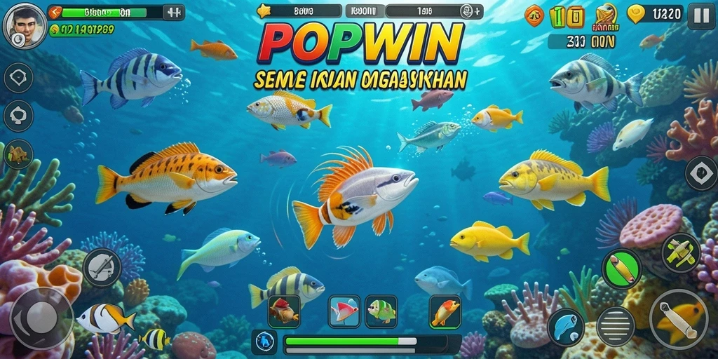 Tampilan gameplay menegangkan dalam POPWIN dengan berbagai ikan.